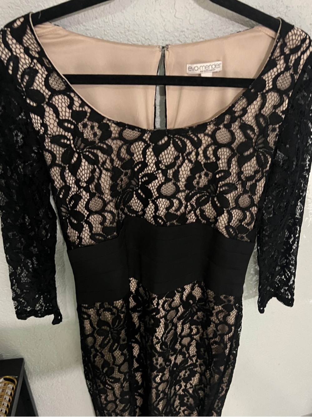 eva mendes for New York & Company Black Lace Midi Dress with Nude Lining